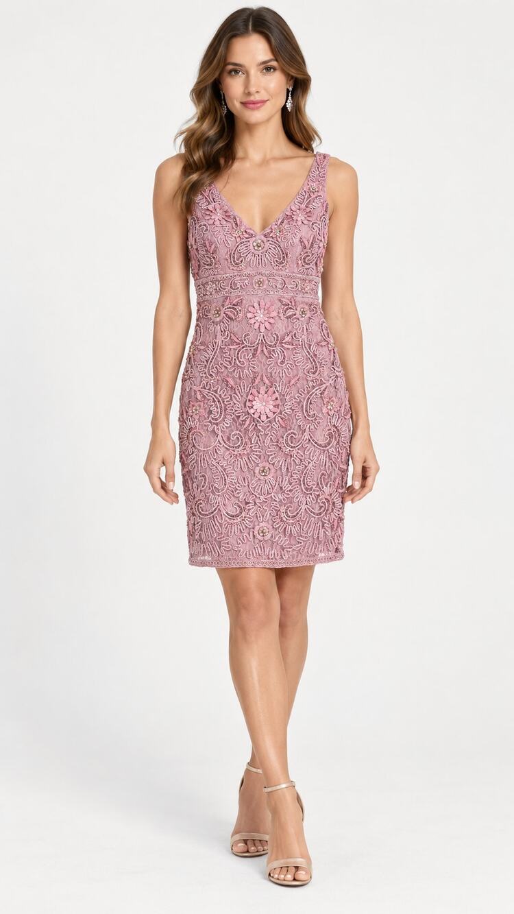 Sue Wong Nocturne Beaded Sequin Lace Cocktail Dress Pink Women Size 4 Sleeveless